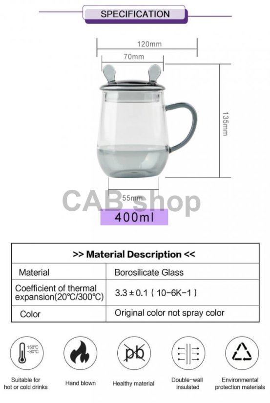 Mug with one glass and lid - transparent black