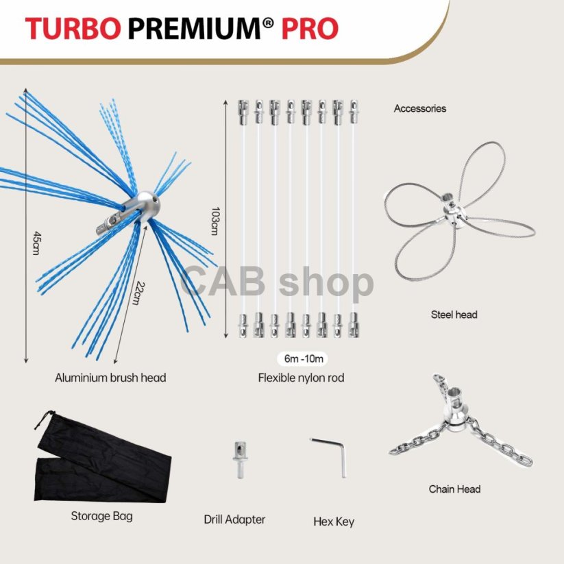 Rotačná kefa na čistenie komína s lankom TURBO Premium® PRO - 6m