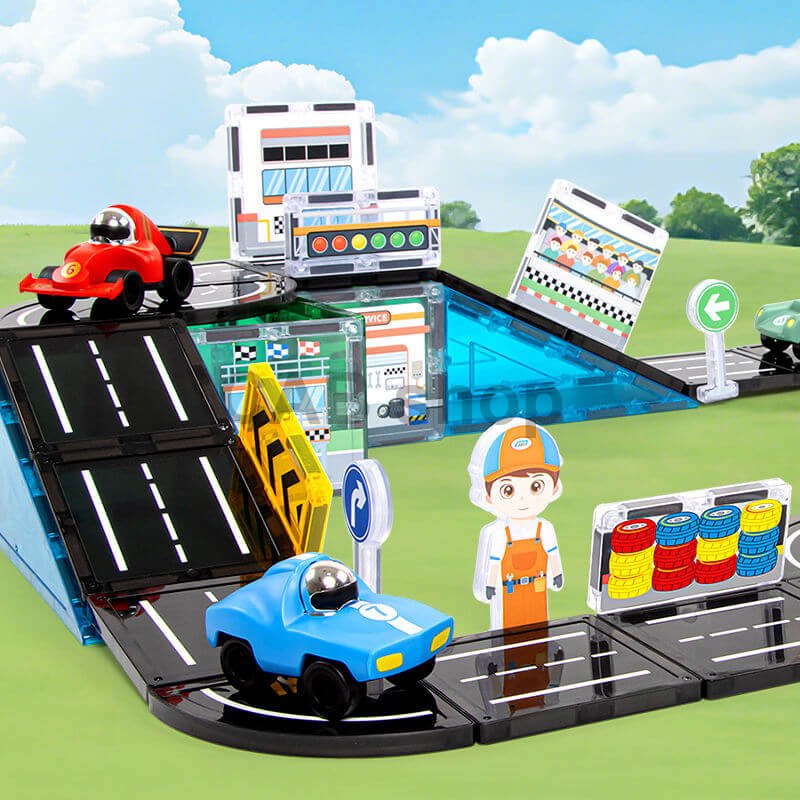 Klocki magnetyczne Racing Track Magnetic Tiles – tor wyścigowy, 75 el.
