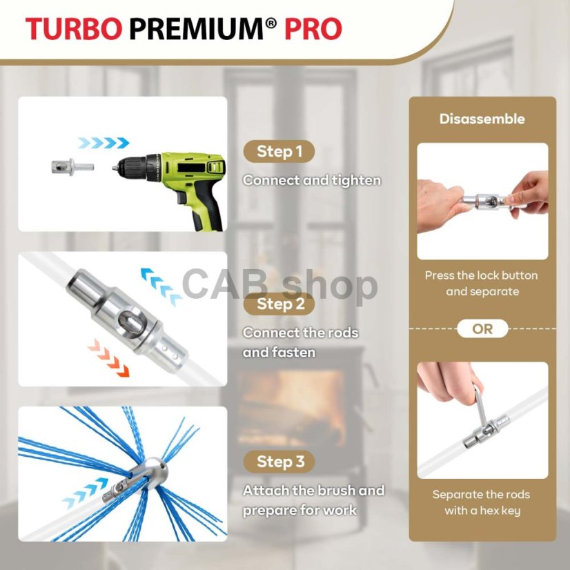 Rotačná kefa na čistenie komína s lankom TURBO Premium® PRO - 10m