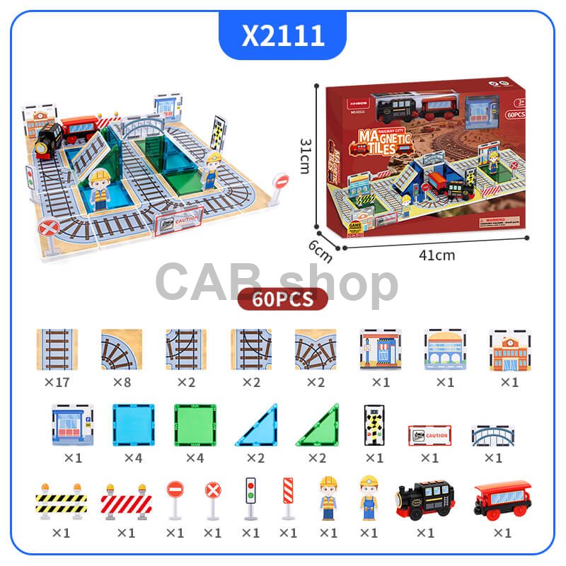 Klocki magnetyczne Railway City Magnetic Tiles – pociąg i tory, 60 el.
