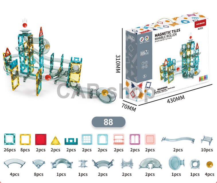 Magnetická stavebnice Marble Roller 88ks sada - Magnetic Tiles