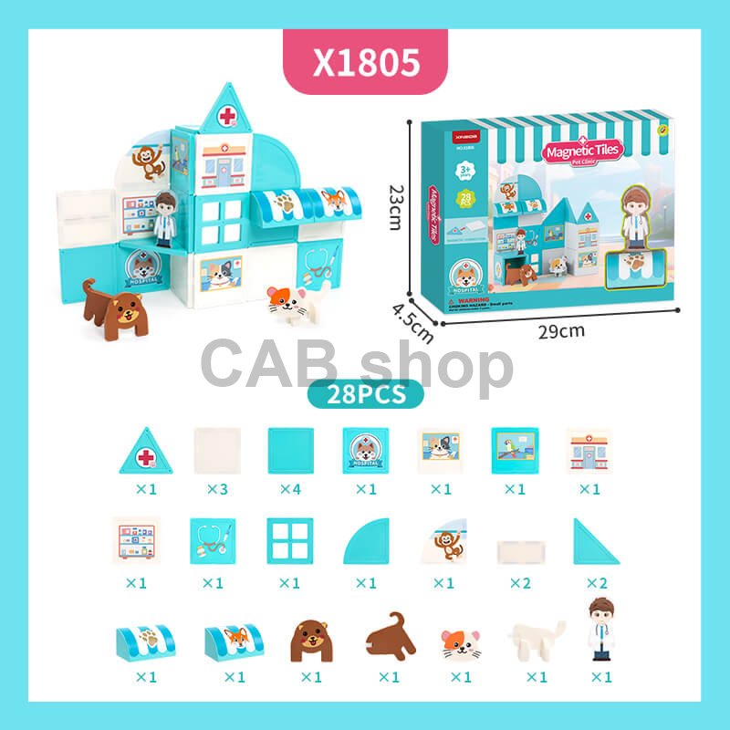 Magnetická stavebnica Pet Clinic Magnetic Tiles – veterinárna klinika, 28 ks