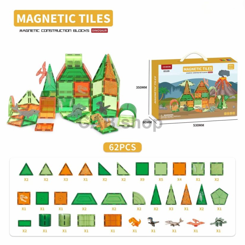 Magnetic building kit Dinosaur set 62pcs - Magnetic Tiles