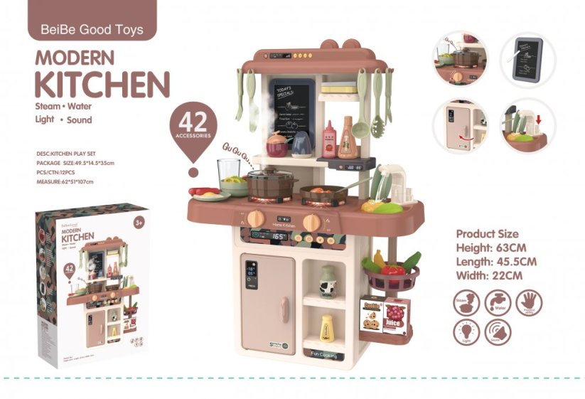 Detská interaktívna kuchynka 42 dielna - hnedá