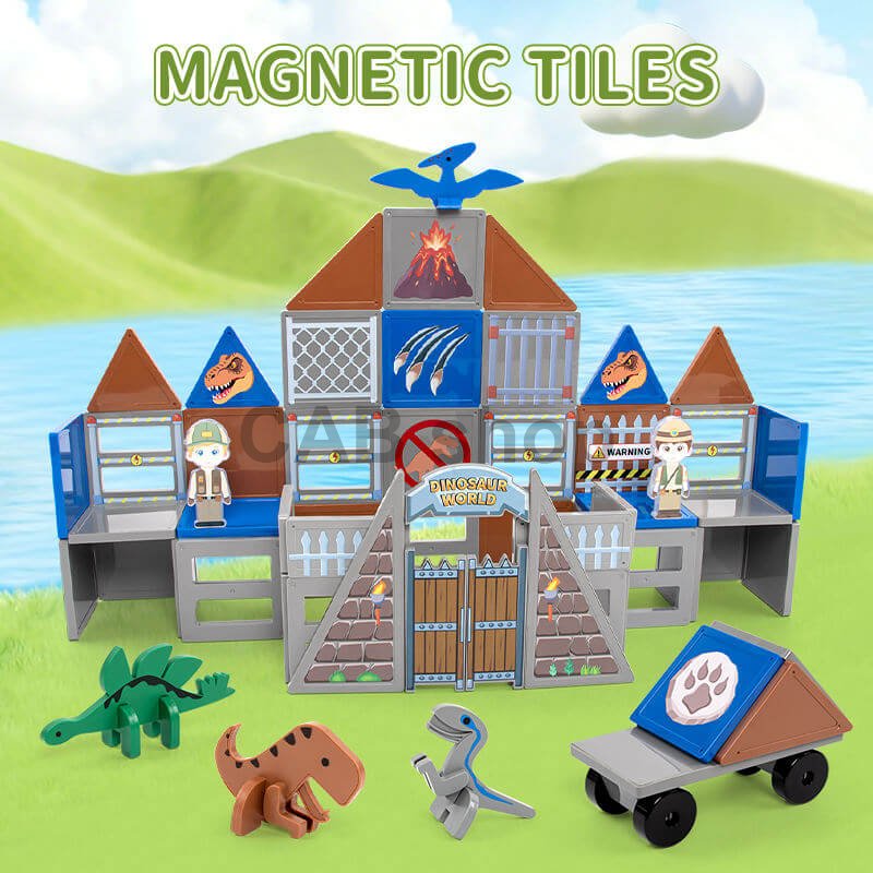 Magnetická stavebnica Dinosaur World Magnetic Tiles – dinosaurí park, 65 ks