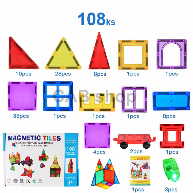 Magnetyczny zestaw konstrukcyjny dla dzieci, zestaw 108 elementów - Płytki magnetyczne