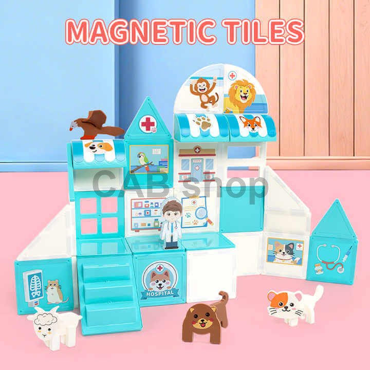 Magnetická stavebnica Pet Clinic Magnetic Tiles – veterinárna klinika, 28 ks