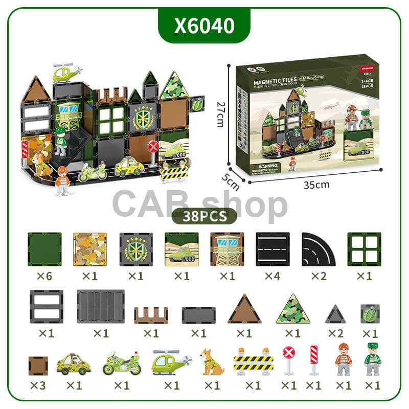 Magnetická stavebnice Military Camp Magnetic Tiles – vojenská základna, 38 ks