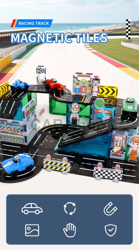 Klocki magnetyczne Racing Track Magnetic Tiles – tor wyścigowy, 75 el.