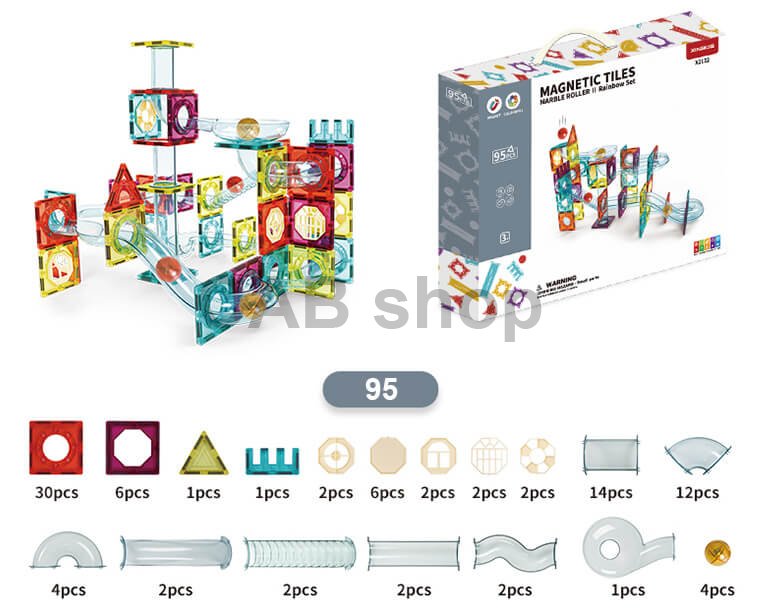 Mágneses építőkészlet Marble Roller II 95db-os készlet - Magnetic Tiles