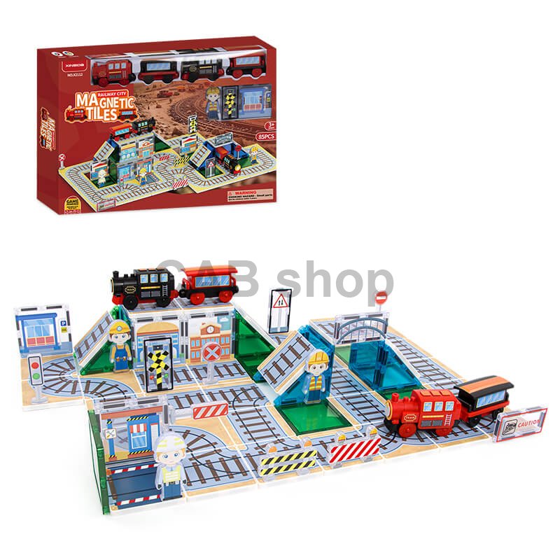 Magnetne ploščice Railway City Magnetic Tiles – vlak in železniške proge, 85 kos