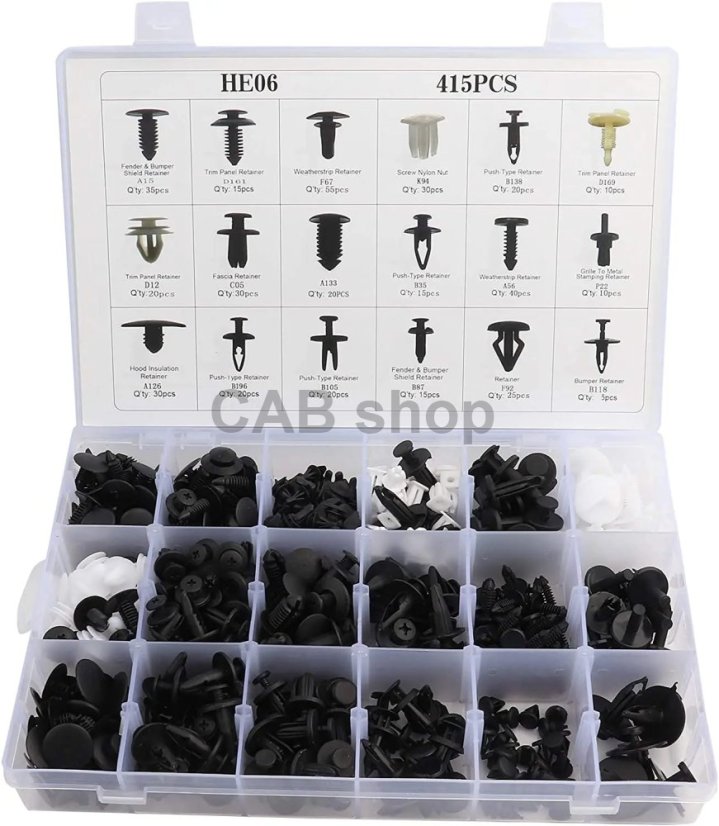 410 db-os műanyag kapcsok és szegecsek készlete az autóhoz