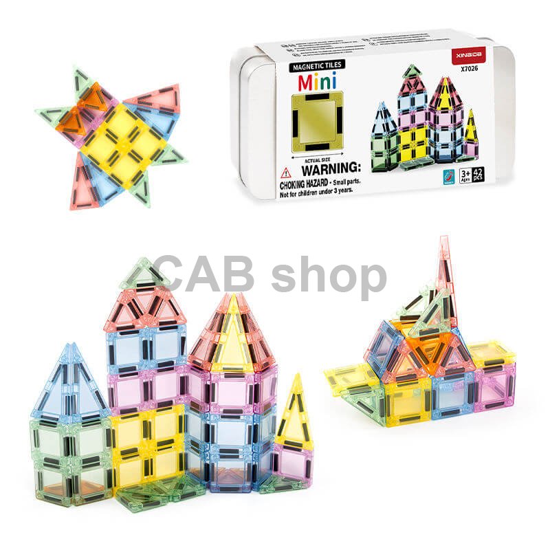 Klocki magnetyczne Magnetic Tiles Mini 42 el. w metalowej puszce-KOPIE