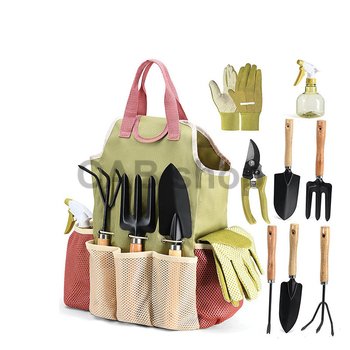 10 db kerti szerszámkészlet táskával, kesztyűkkel és permetezővel